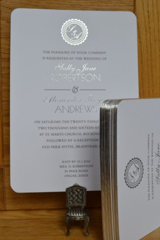 A5 Wedding invitations silver foil & black litho printed on white 400gsm board with silver gilt edges & round corners