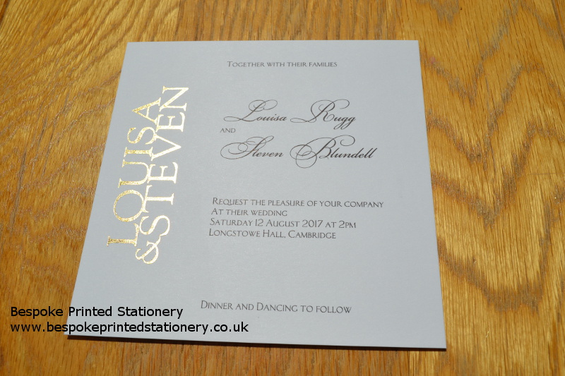 Square wedding invitations printed in gold foil & black flat litho print
